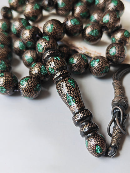 Black Coral & Malachite Tasbih | 33 Beads | Hand-Engraved Silver | Egyptian Craft