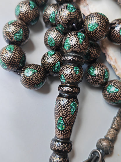 Black Coral & Malachite Tasbih | 33 Beads | Hand-Engraved Silver | Egyptian Craft