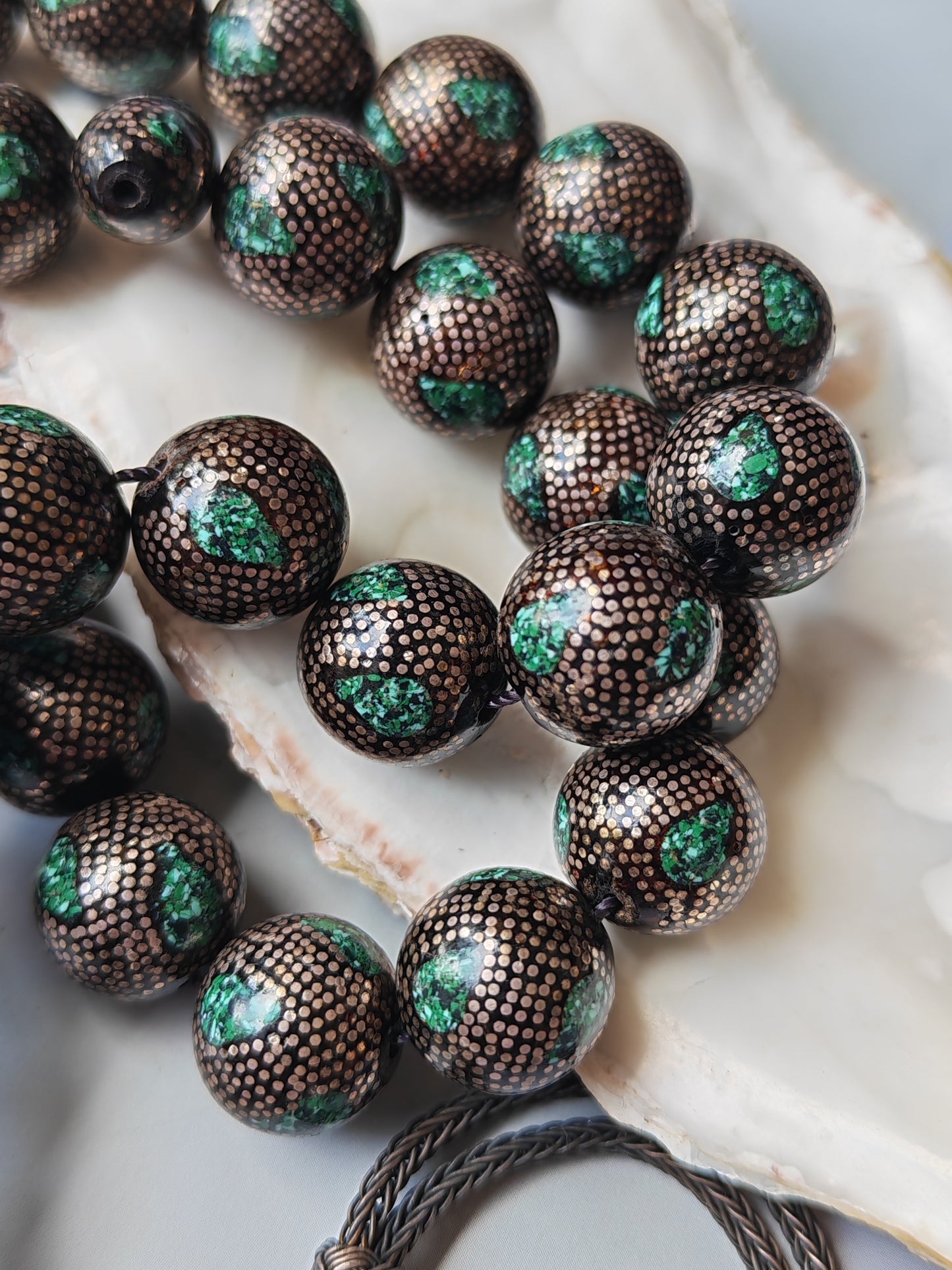 Black Coral & Malachite Tasbih | 33 Beads | Hand-Engraved Silver | Egyptian Craft