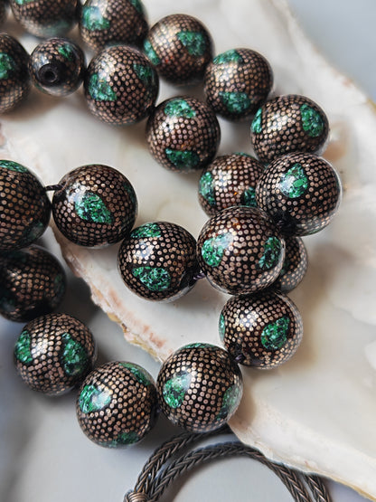 Black Coral & Malachite Tasbih | 33 Beads | Hand-Engraved Silver | Egyptian Craft