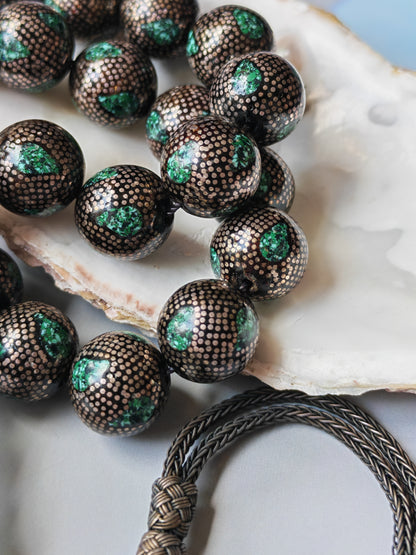 Black Coral & Malachite Tasbih | 33 Beads | Hand-Engraved Silver | Egyptian Craft