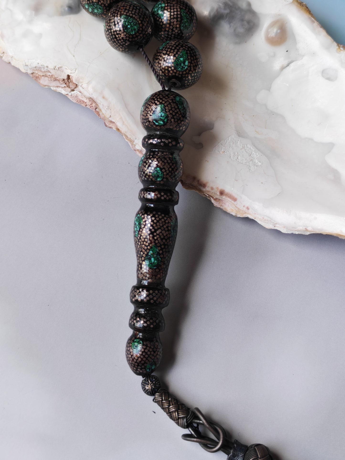 Black Coral & Malachite Tasbih | 33 Beads | Hand-Engraved Silver | Egyptian Craft