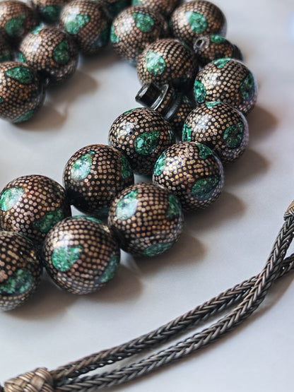 Black Coral & Malachite Tasbih | 33 Beads | Hand-Engraved Silver | Egyptian Craft
