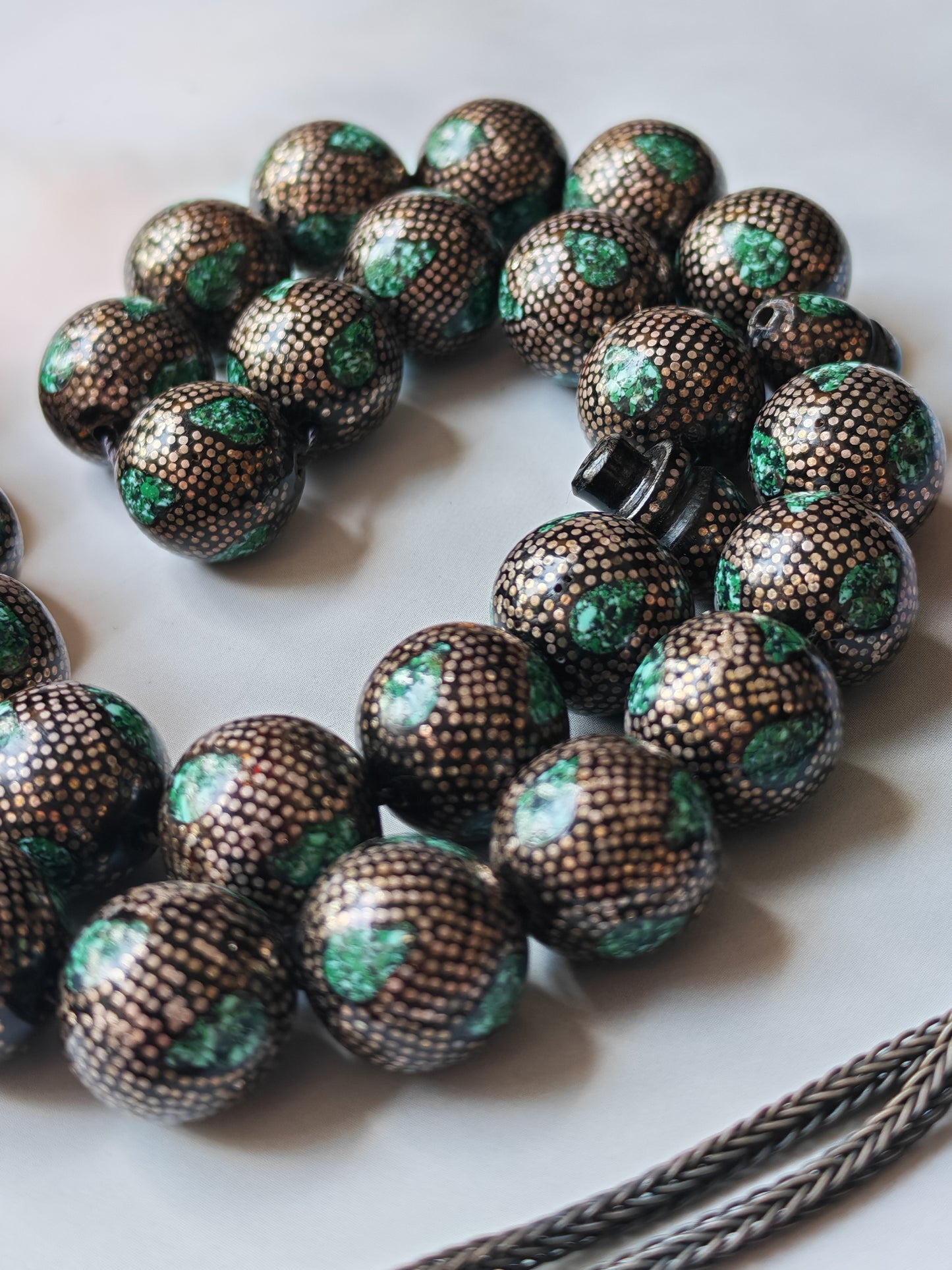Black Coral & Malachite Tasbih | 33 Beads | Hand-Engraved Silver | Egyptian Craft