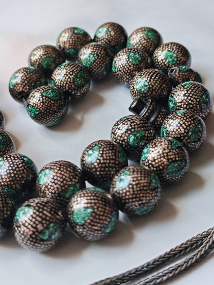 Black Coral & Malachite Tasbih | 33 Beads | Hand-Engraved Silver | Egyptian Craft
