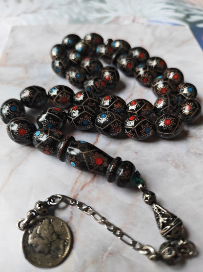 Black Coral Tasbih | Olive-Shaped Beads with Enamel & Silver Mosaic | Ahmed Alfar