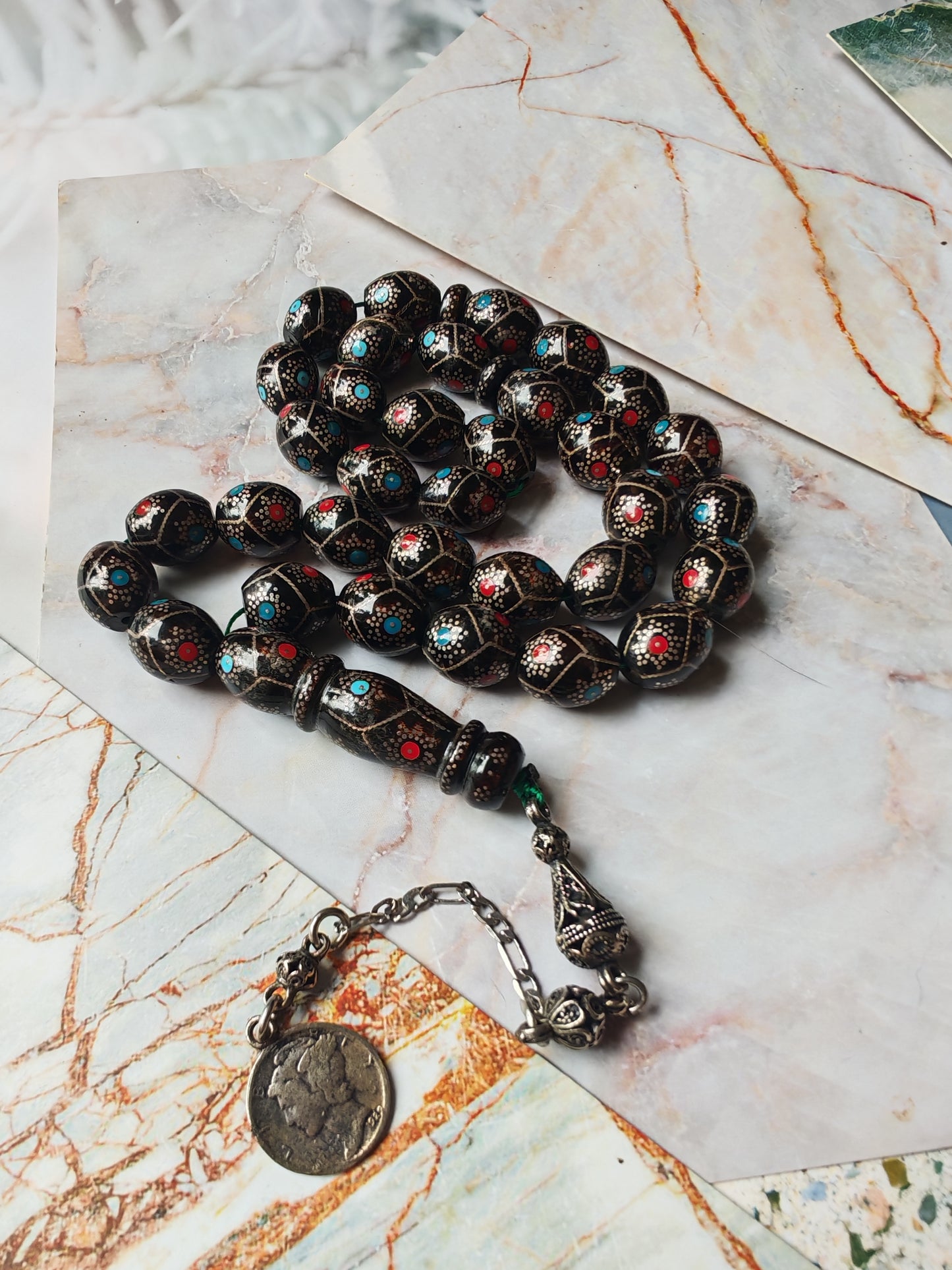 Black Coral Tasbih | Olive-Shaped Beads with Enamel & Silver Mosaic | Ahmed Alfar