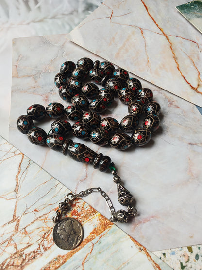 Black Coral Tasbih | Olive-Shaped Beads with Enamel & Silver Mosaic | Ahmed Alfar