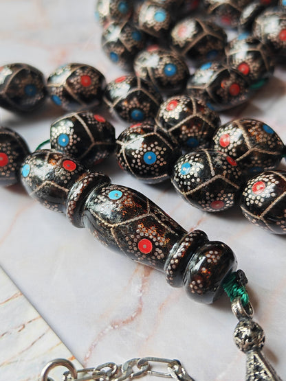 Black Coral Tasbih | Olive-Shaped Beads with Enamel & Silver Mosaic | Ahmed Alfar