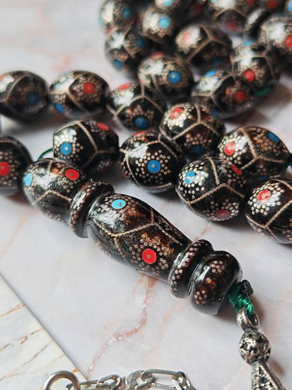 Black Coral Tasbih | Olive-Shaped Beads with Enamel & Silver Mosaic | Ahmed Alfar