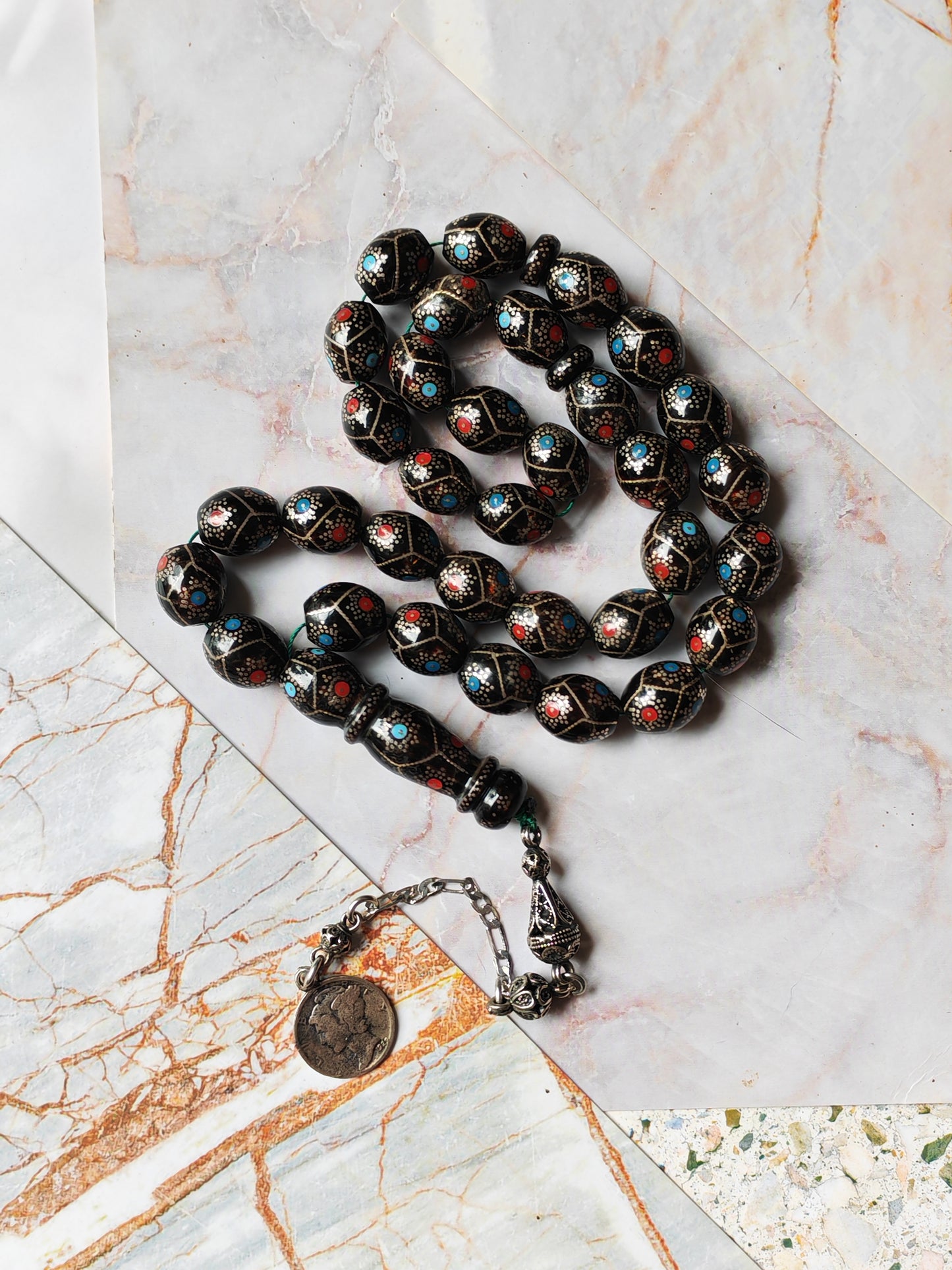 Black Coral Tasbih | Olive-Shaped Beads with Enamel & Silver Mosaic | Ahmed Alfar