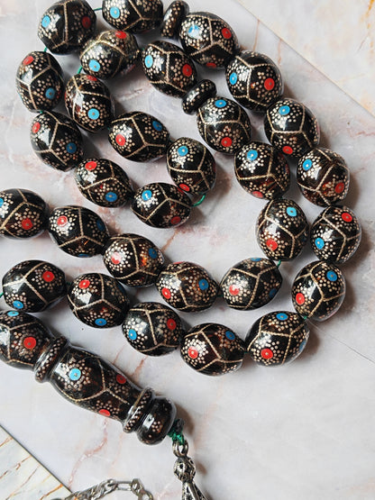 Black Coral Tasbih | Olive-Shaped Beads with Enamel & Silver Mosaic | Ahmed Alfar