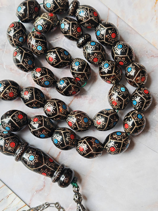 Black Coral Tasbih | Olive-Shaped Beads with Enamel & Silver Mosaic | Ahmed Alfar