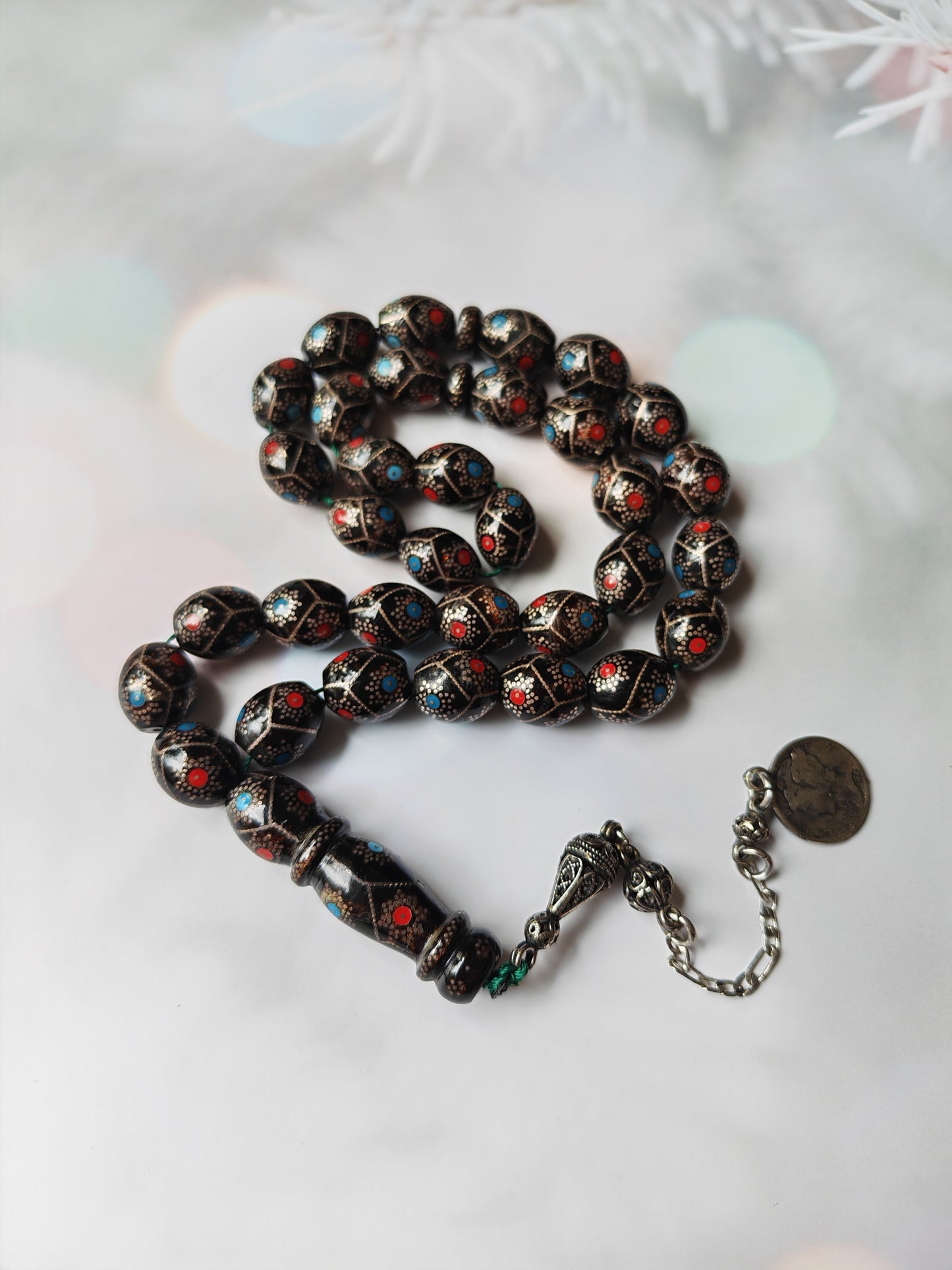 Black Coral Tasbih | Olive-Shaped Beads with Enamel & Silver Mosaic | Ahmed Alfar