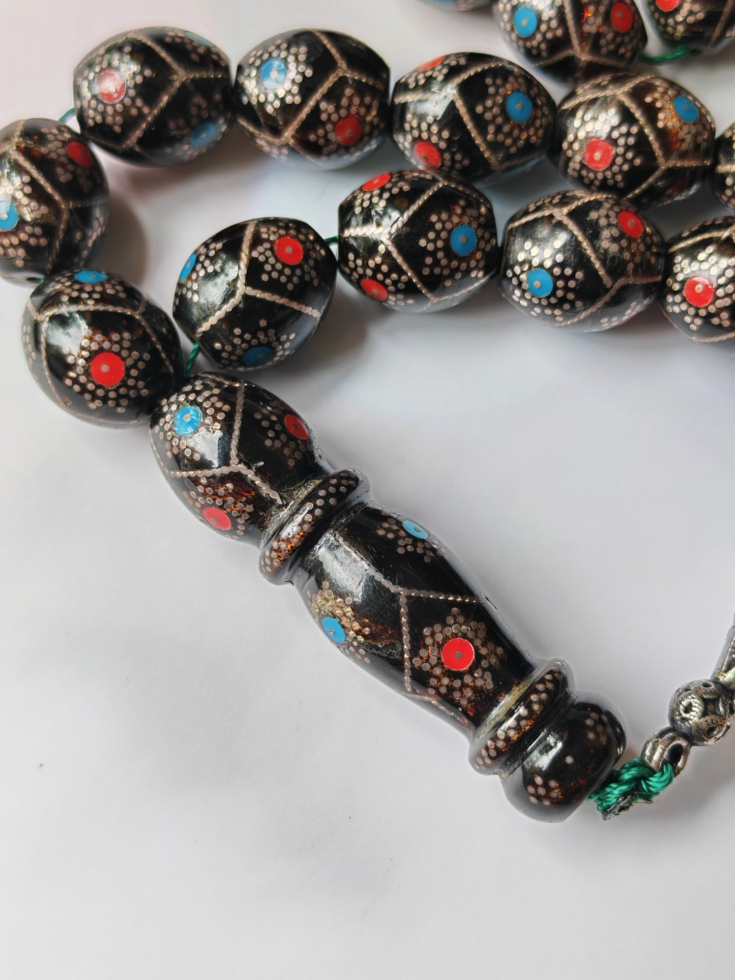 Black Coral Tasbih | Olive-Shaped Beads with Enamel & Silver Mosaic | Ahmed Alfar