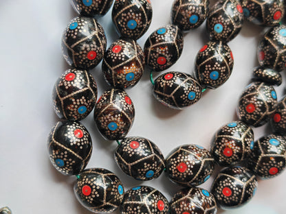 Black Coral Tasbih | Olive-Shaped Beads with Enamel & Silver Mosaic | Ahmed Alfar