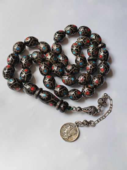 Black Coral Tasbih | Olive-Shaped Beads with Enamel & Silver Mosaic | Ahmed Alfar