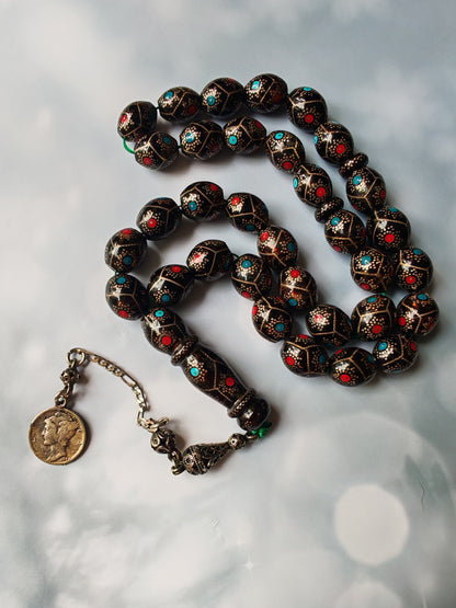 Black Coral Tasbih | Olive-Shaped Beads with Enamel & Silver Mosaic | Ahmed Alfar