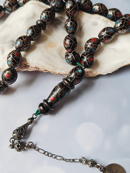 Black Coral Tasbih | Olive-Shaped Beads with Enamel & Silver Mosaic | Ahmed Alfar