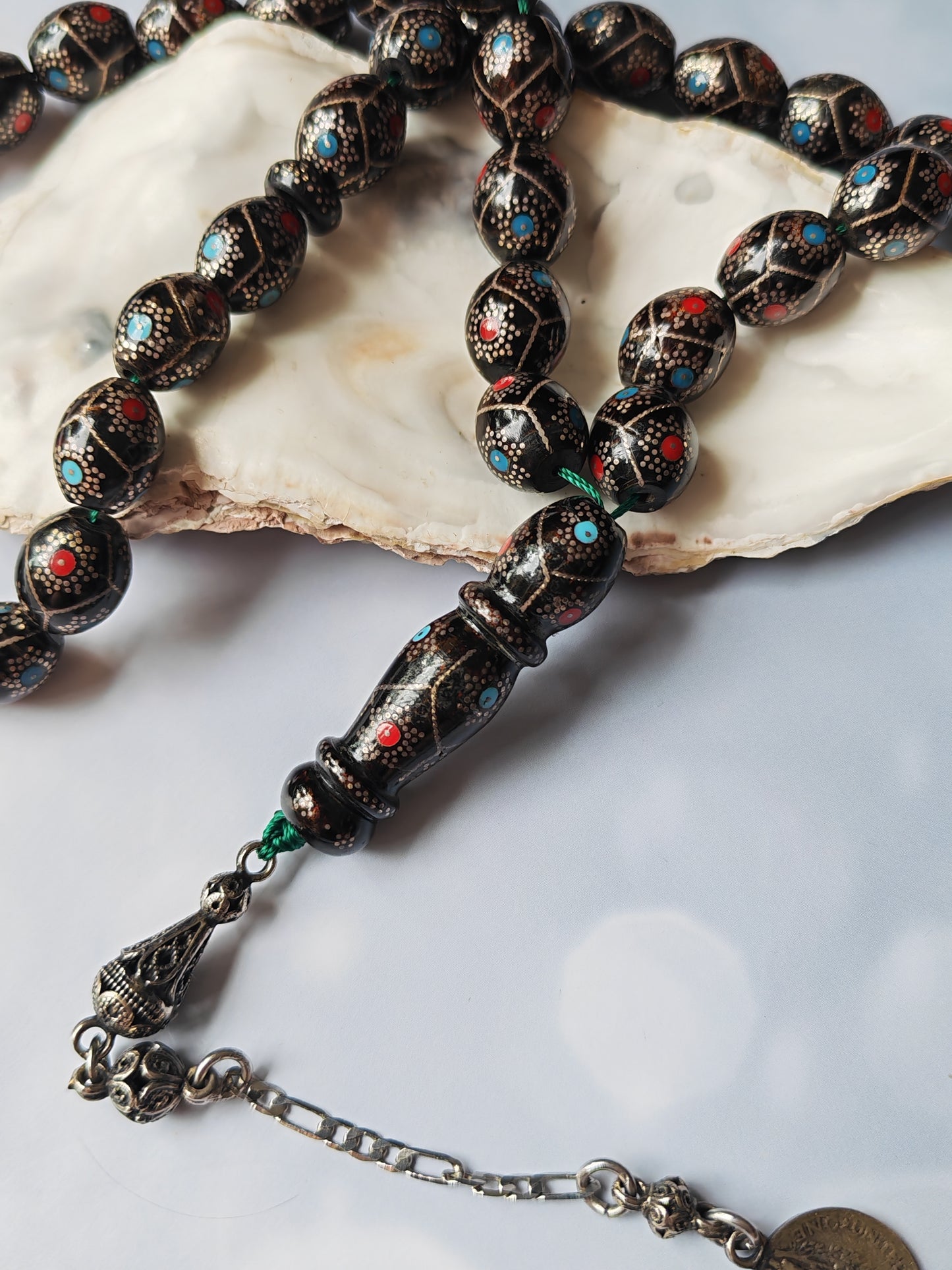 Black Coral Tasbih | Olive-Shaped Beads with Enamel & Silver Mosaic | Ahmed Alfar