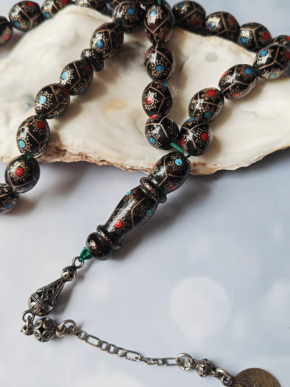 Black Coral Tasbih | Olive-Shaped Beads with Enamel & Silver Mosaic | Ahmed Alfar