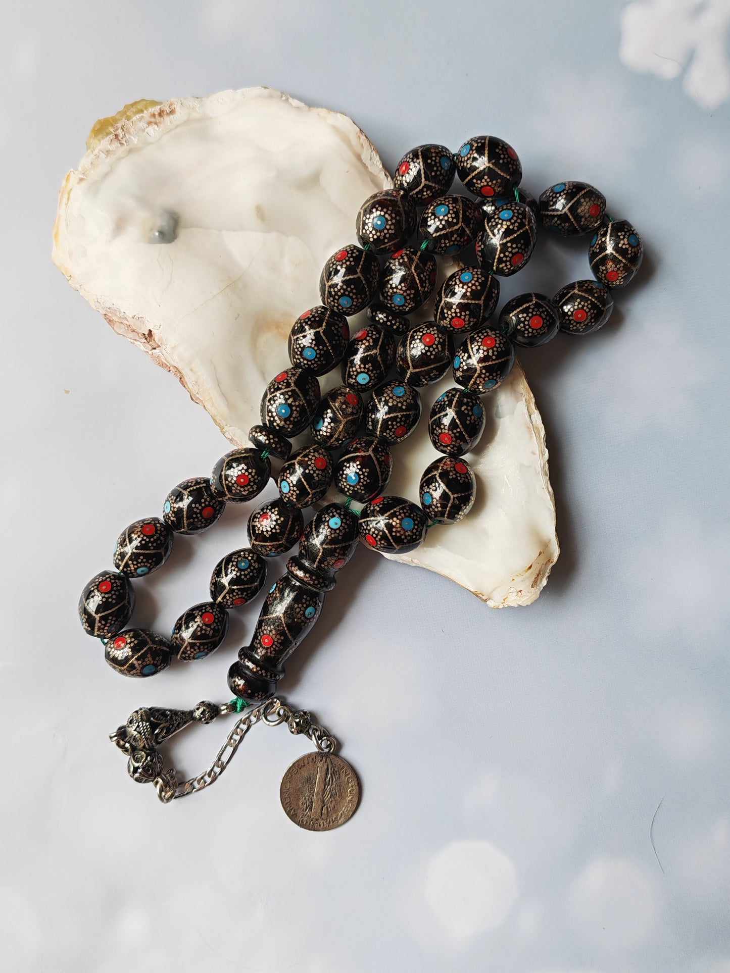 Black Coral Tasbih | Olive-Shaped Beads with Enamel & Silver Mosaic | Ahmed Alfar