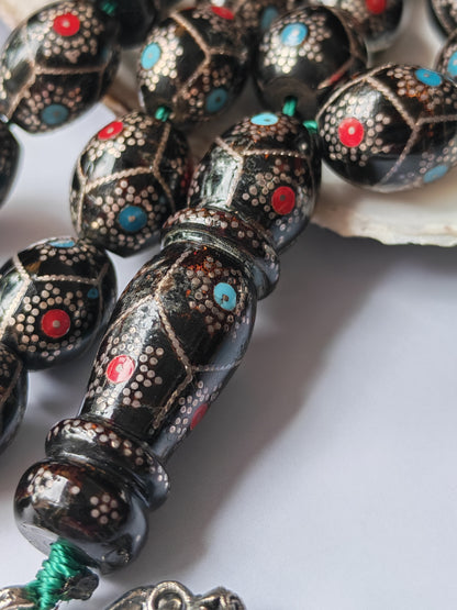 Black Coral Tasbih | Olive-Shaped Beads with Enamel & Silver Mosaic | Ahmed Alfar