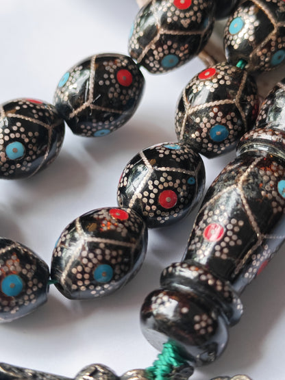 Black Coral Tasbih | Olive-Shaped Beads with Enamel & Silver Mosaic | Ahmed Alfar