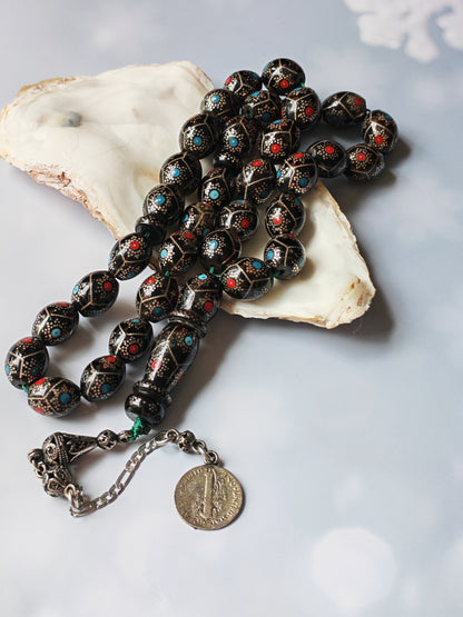 Black Coral Tasbih | Olive-Shaped Beads with Enamel & Silver Mosaic | Ahmed Alfar
