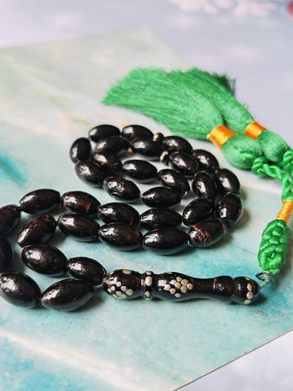 Antique Black Coral Tasbih | 33 Olive-Shaped Beads | Red Sea Origin | Lightweight Daily Use