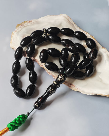 Antique Black Coral Tasbih | 33 Olive-Shaped Beads | Red Sea Origin | Lightweight Daily Use