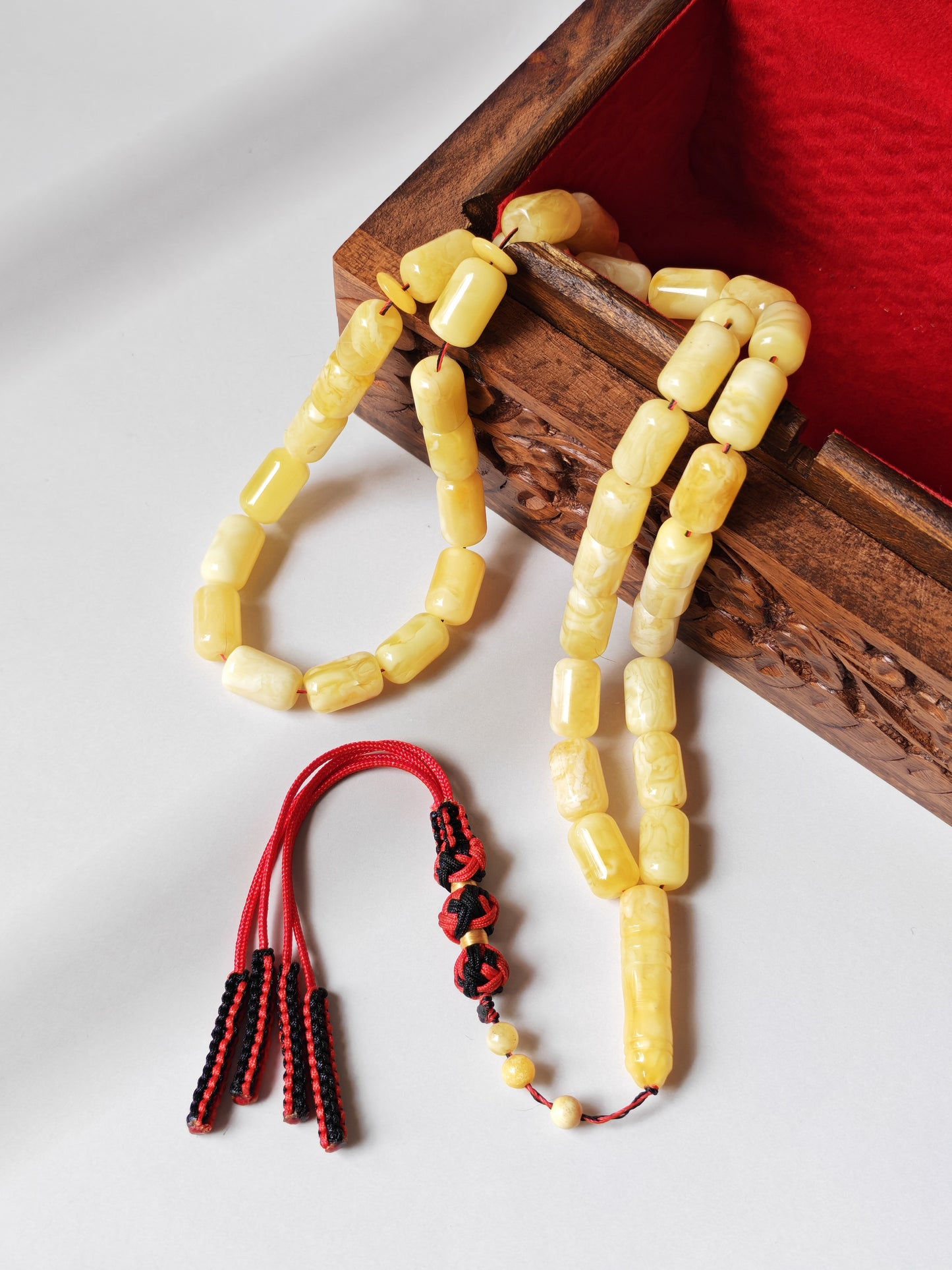 Natural Tiger Pattern Barrel Shape Pocket Size Amber Misbah | 42 Beads