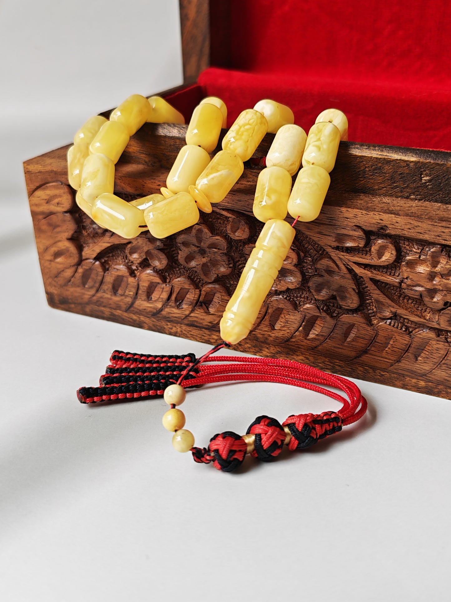 Natural Tiger Pattern Barrel Shape Pocket Size Amber Misbah | 42 Beads