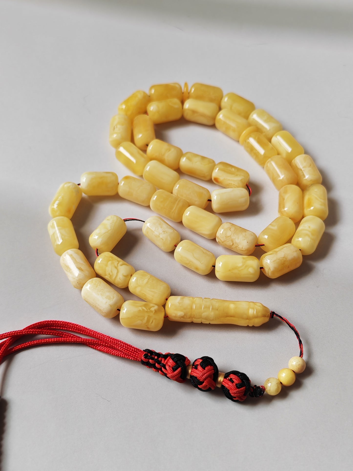 Natural Tiger Pattern Barrel Shape Pocket Size Amber Misbah | 42 Beads