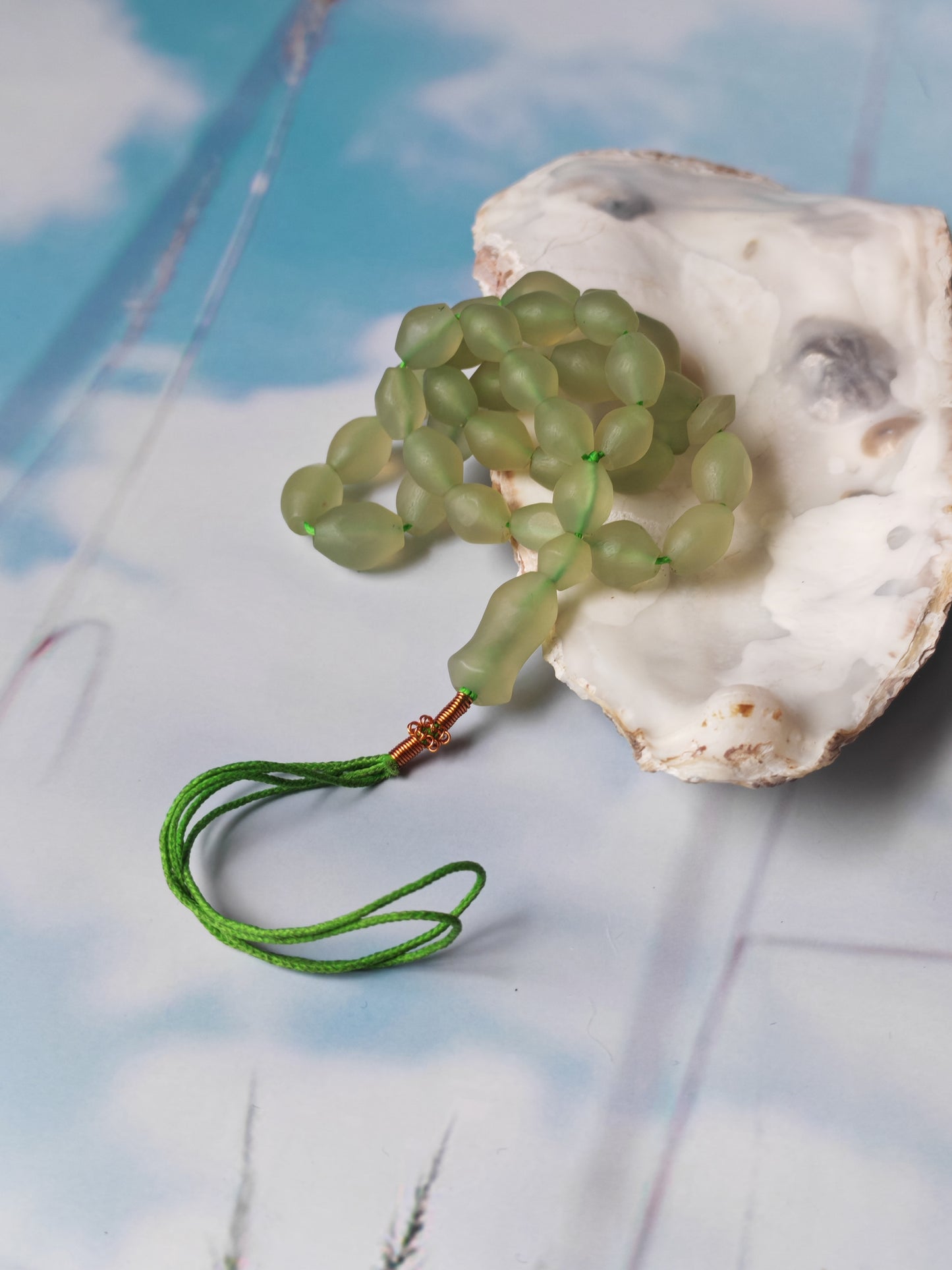 Natural Mint Green Shah Maqsood Tasbih 33 Beads Olive Shape