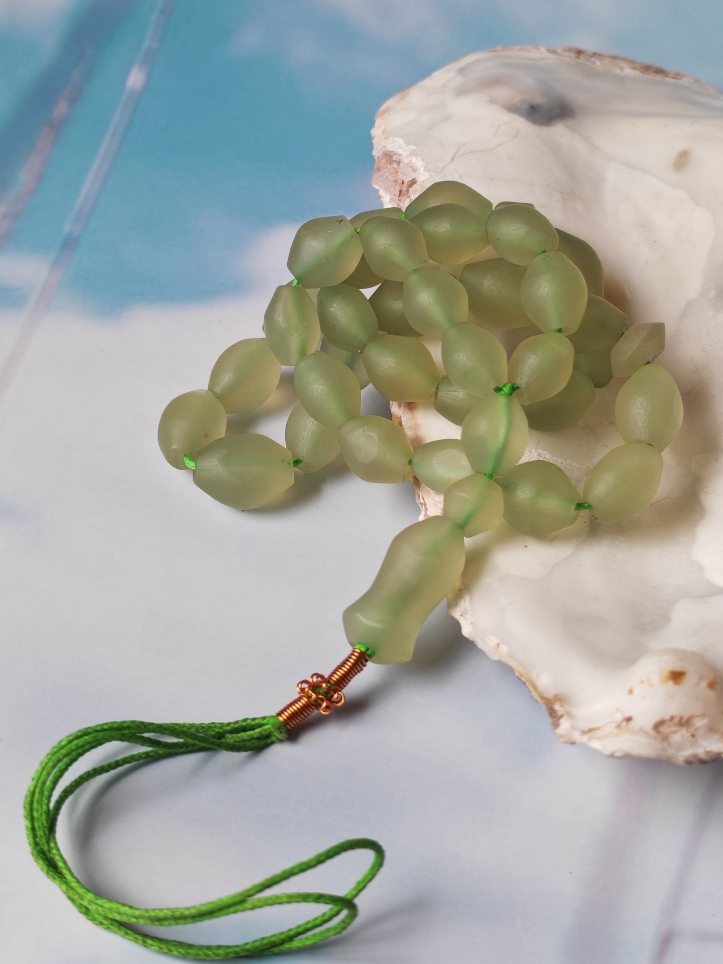 Natural Mint Green Shah Maqsood Tasbih 33 Beads Olive Shape