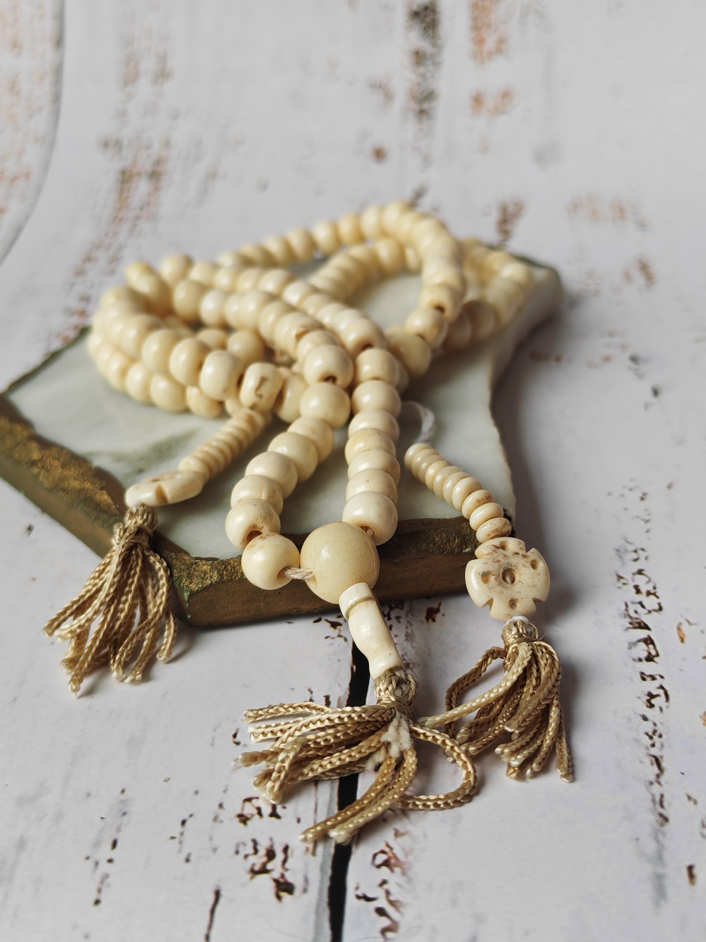 Antique Bone Buddhist Mala | 108 Beads with Dual Counters | Rare Collector’s Piece