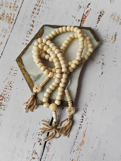 Antique Bone Buddhist Mala | 108 Beads with Dual Counters | Rare Collector’s Piece