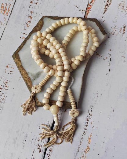 Antique Bone Buddhist Mala | 108 Beads with Dual Counters | Rare Collector’s Piece
