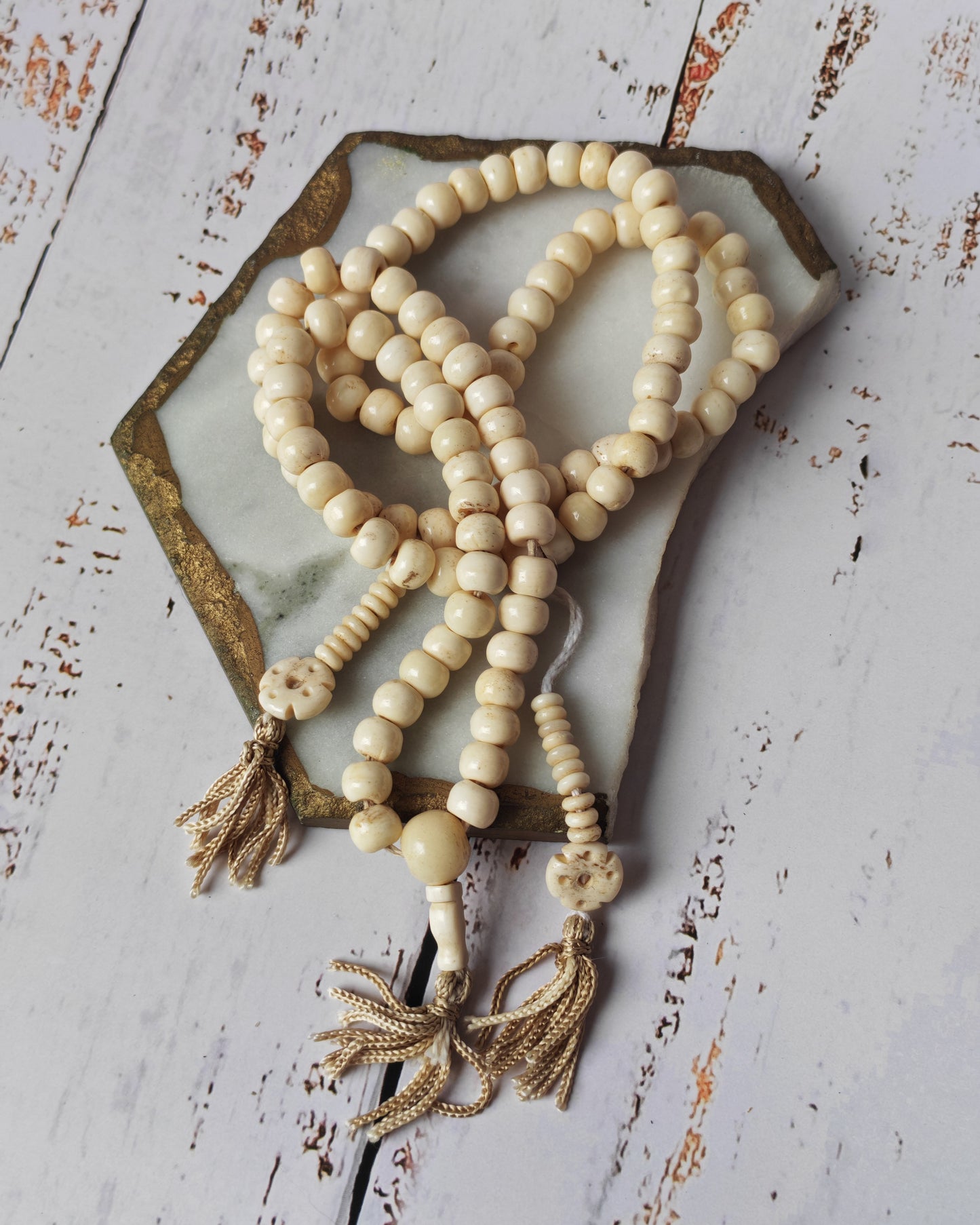 Antique Bone Buddhist Mala | 108 Beads with Dual Counters | Rare Collector’s Piece
