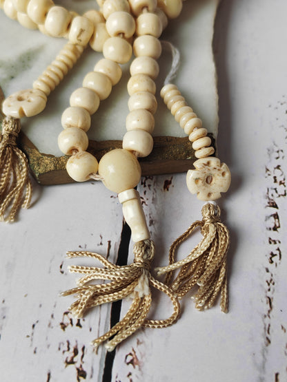 Antique Bone Buddhist Mala | 108 Beads with Dual Counters | Rare Collector’s Piece