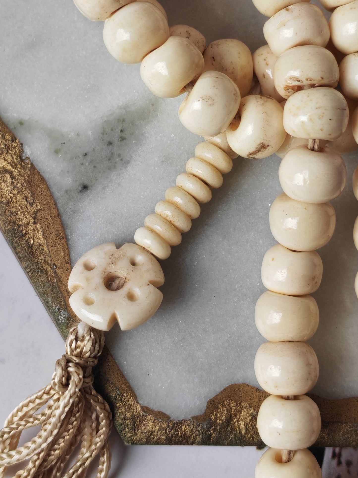 Antique Bone Buddhist Mala | 108 Beads with Dual Counters | Rare Collector’s Piece