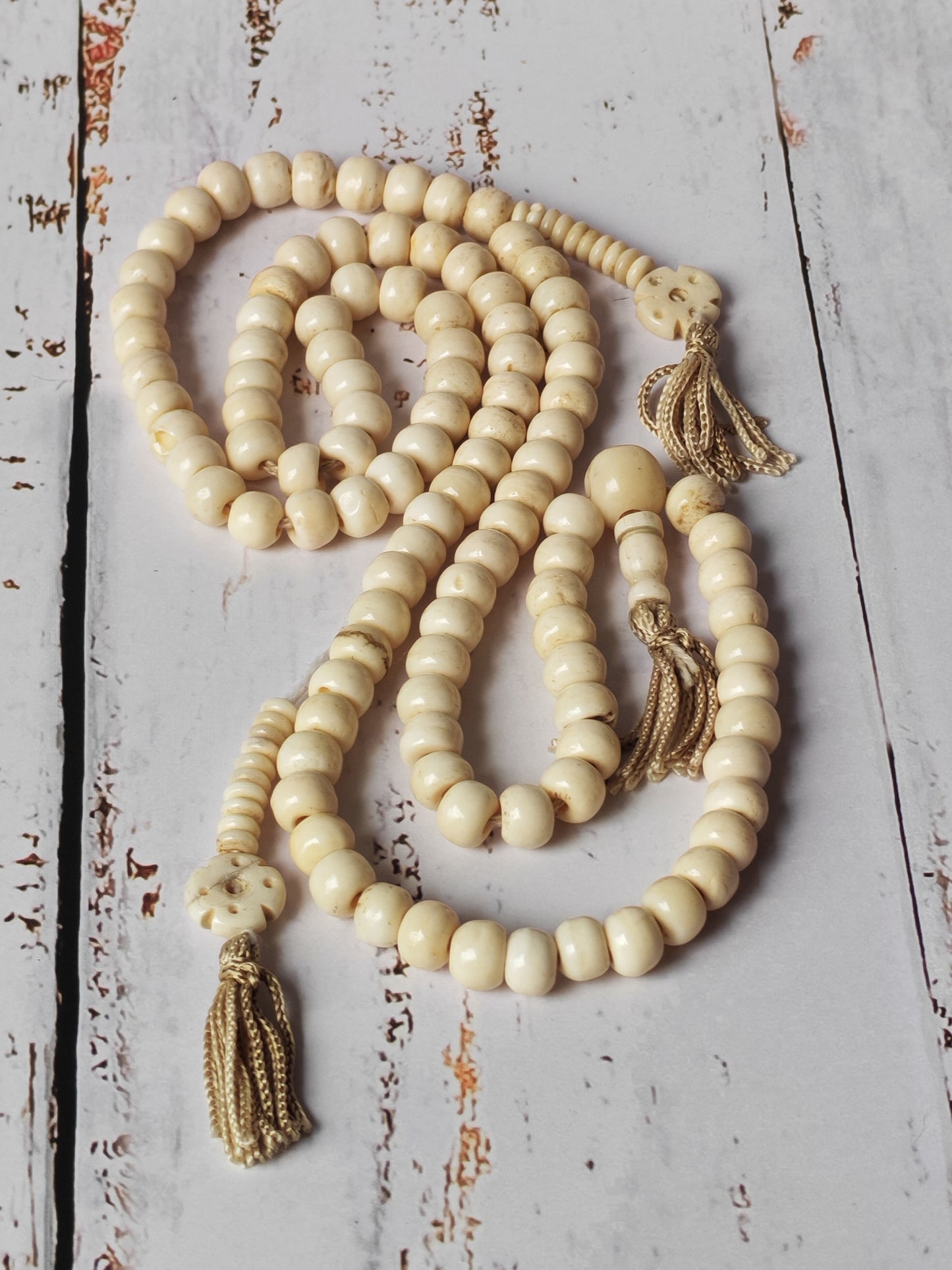Antique Bone Buddhist Mala | 108 Beads with Dual Counters | Rare Collector’s Piece