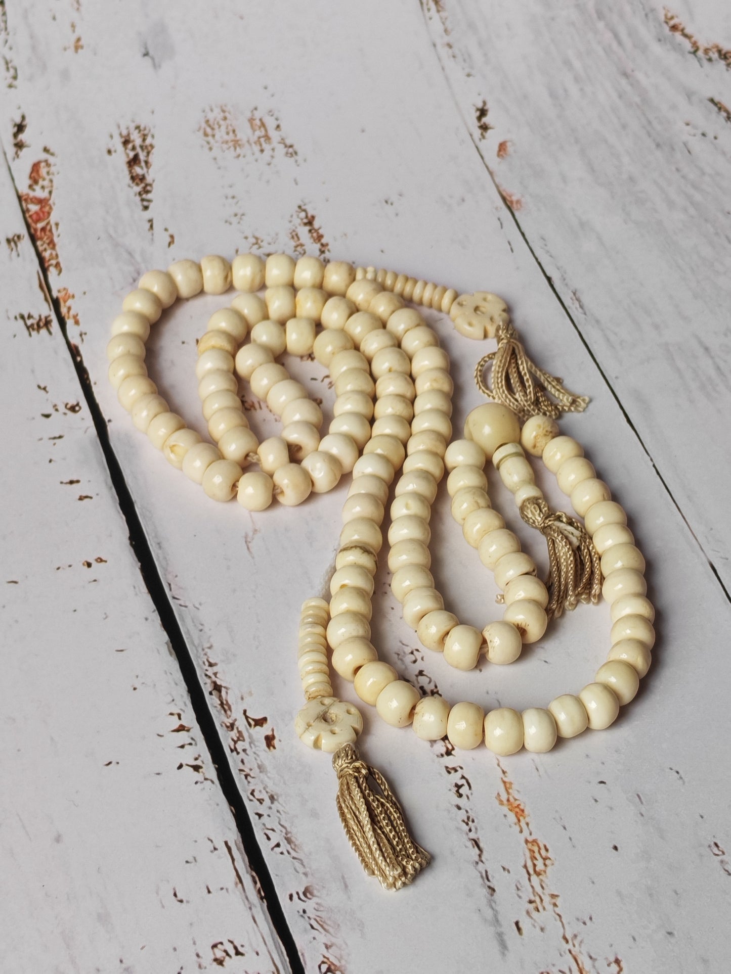 Antique Bone Buddhist Mala | 108 Beads with Dual Counters | Rare Collector’s Piece