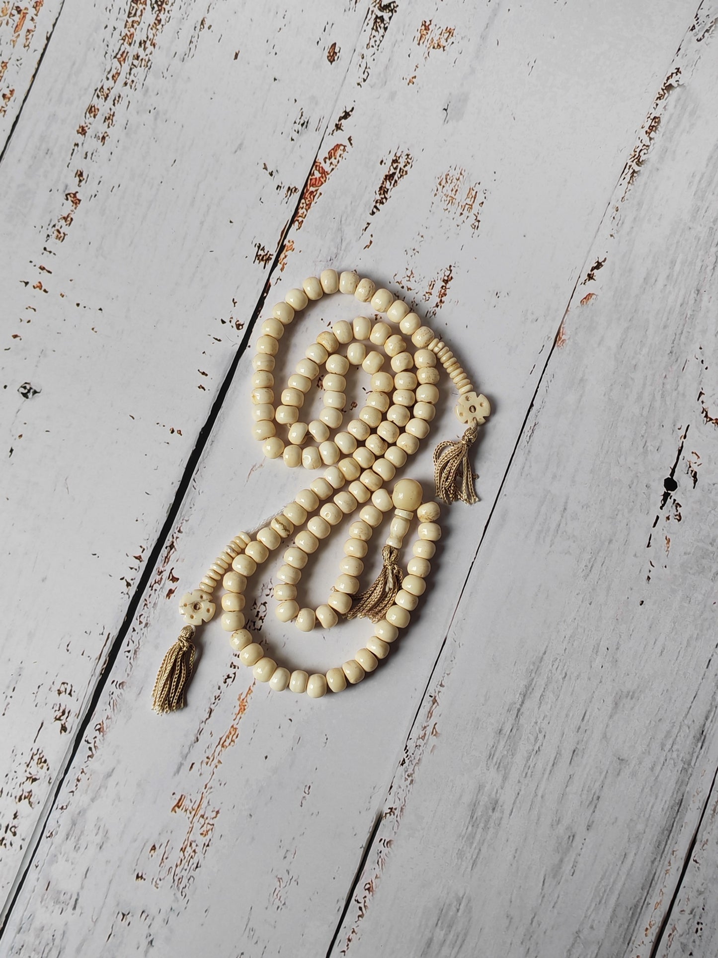 Antique Bone Buddhist Mala | 108 Beads with Dual Counters | Rare Collector’s Piece