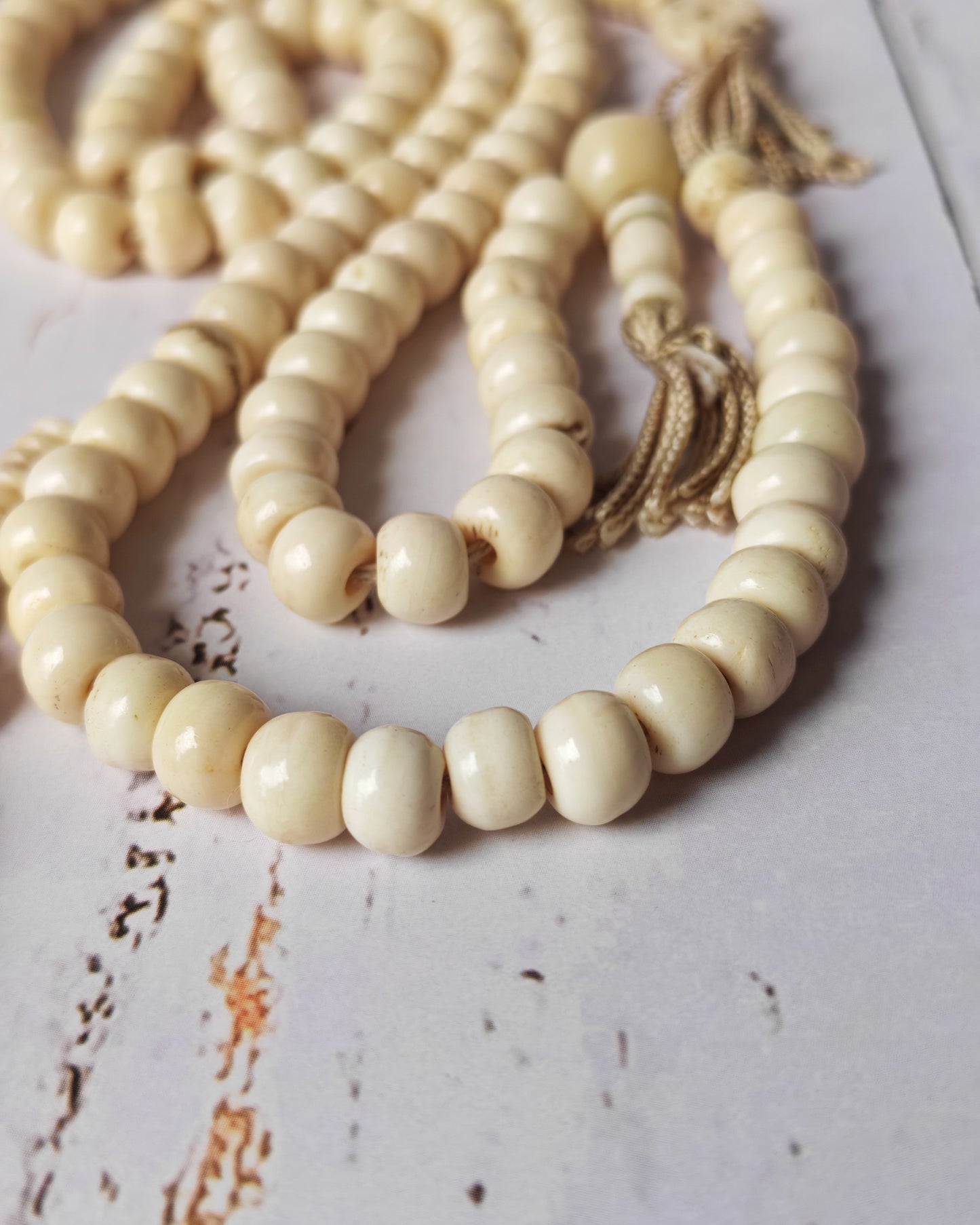 Antique Bone Buddhist Mala | 108 Beads with Dual Counters | Rare Collector’s Piece
