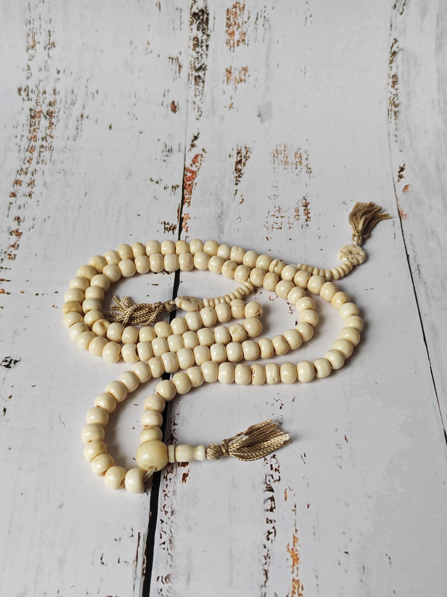 Antique Bone Buddhist Mala | 108 Beads with Dual Counters | Rare Collector’s Piece
