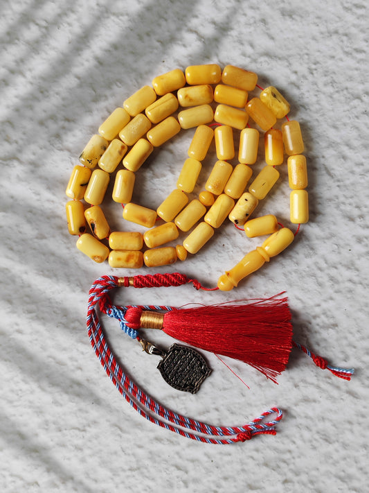 Raw Multicolor Amber Rosary – 45 Barrel Beads