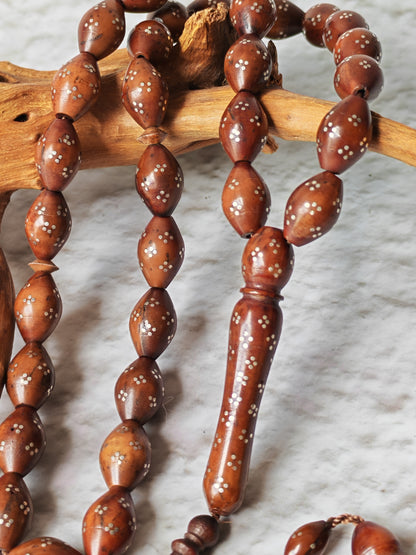 Antique Kokka Seed Wood Rosary with Silver Engravings | 33 Beads