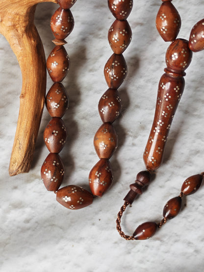 Antique Kokka Seed Wood Rosary with Silver Engravings | 33 Beads